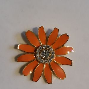 Orange Enamel and Rhinestone Daisy Fashion Pin